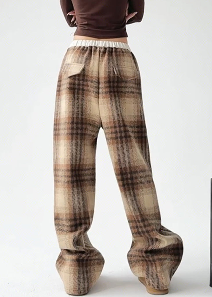 Yellow Plaid Warm Fleece Draping Woolen Wide Leg Pants Spring
