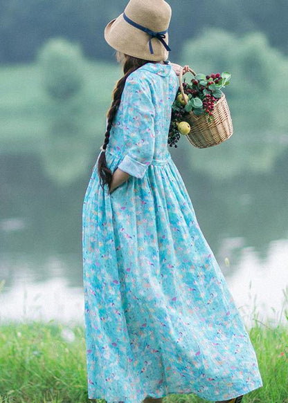 Italian Blue Print Clothes Notched Cinched Maxi Summer Dresses