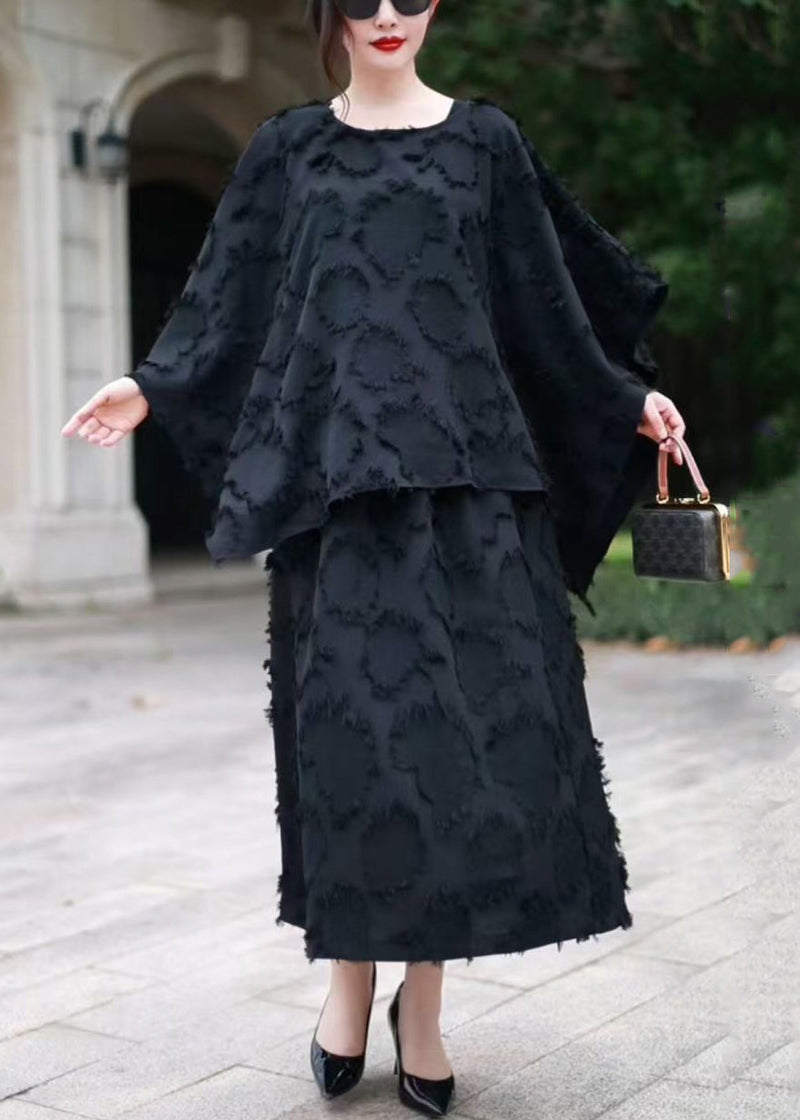 Loose Black O Neck Tops and Skirts Cotton Sets 2 Pieces Fall