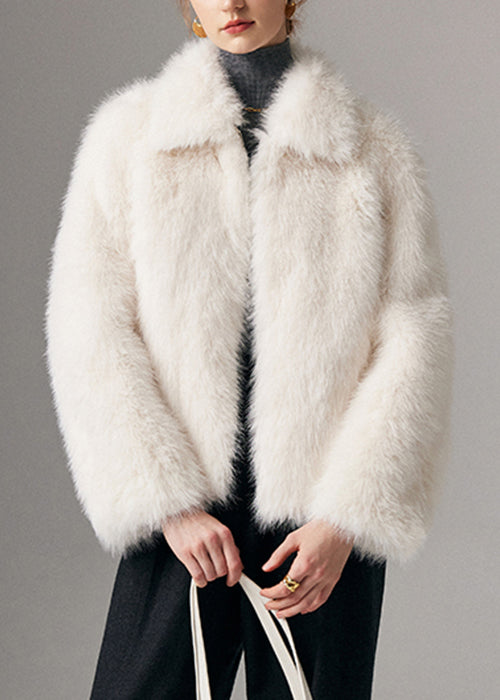 White Peter Pan Collar Zippered Leather and Fur Coats Winter