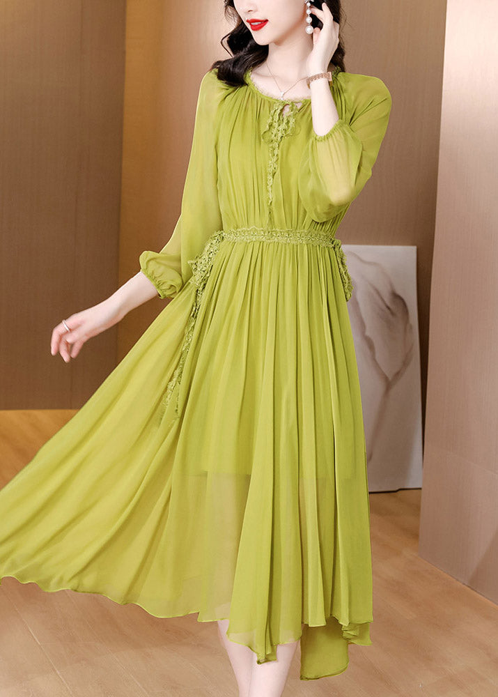 Brief Green O-neck Wrinkled Chiffon Long Dress Fall
