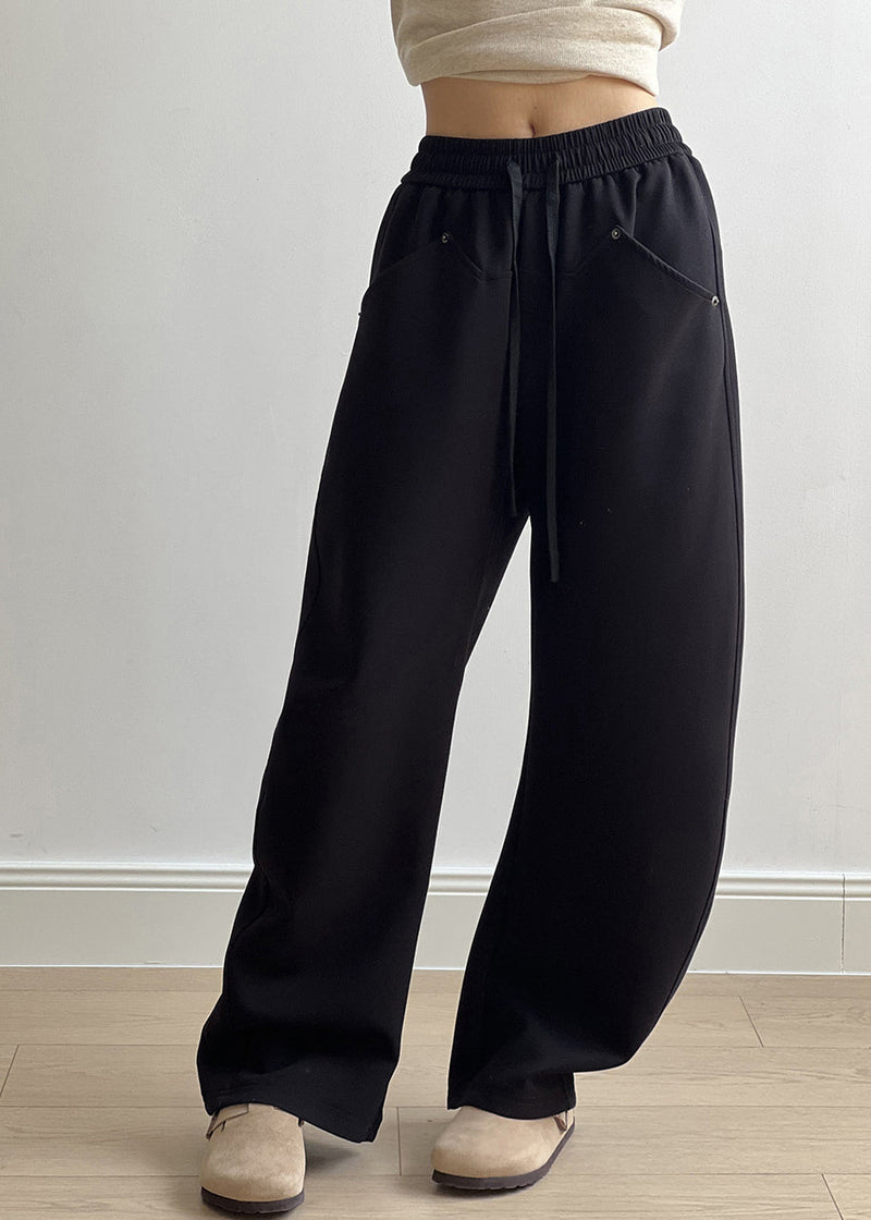 Black Pockets Cotton Pants Drawstring Elastic Waist Fall