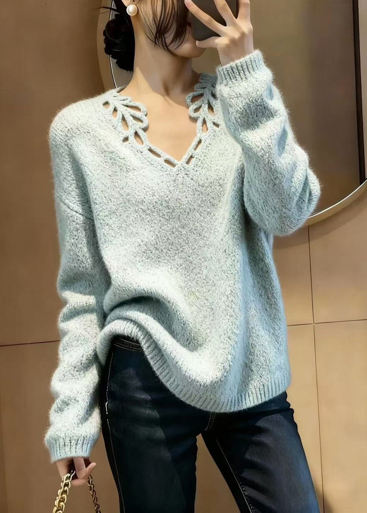 Fine Sky Blue V Neck Hollow Out Knit Pullover Winter