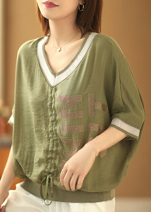 Green V Neck Drawstring Patchwork Shirt Short Sleeve