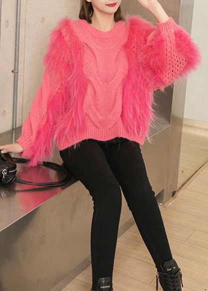 Pink Fluffy Thick Hollow Out Patchwork Knit Sweaters Fall