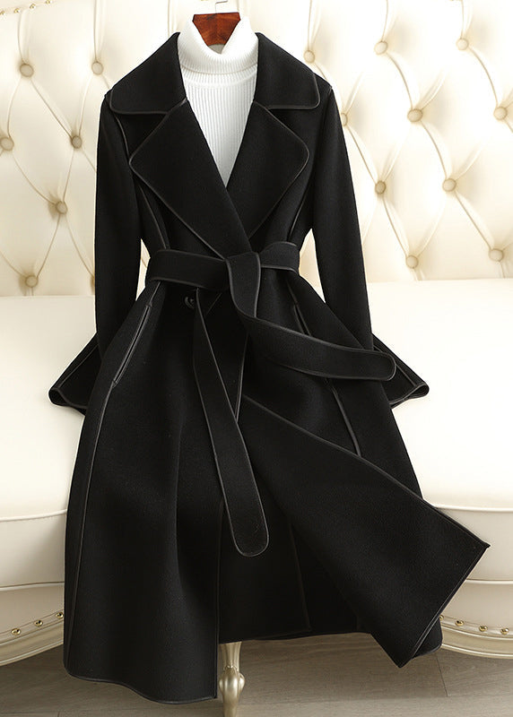 Camel Notched Patchwork Tie Waist Woolen Long Coats Fall