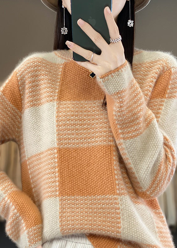 Boutique Camel O-neck Plaid Patchwork Cashmere Knit Sweater Tops Spring
