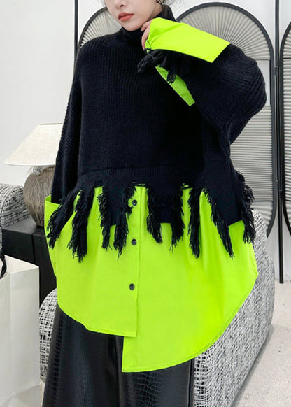 Black Turtleneck Asymmetrical Patchwork Knit Sweater Spring