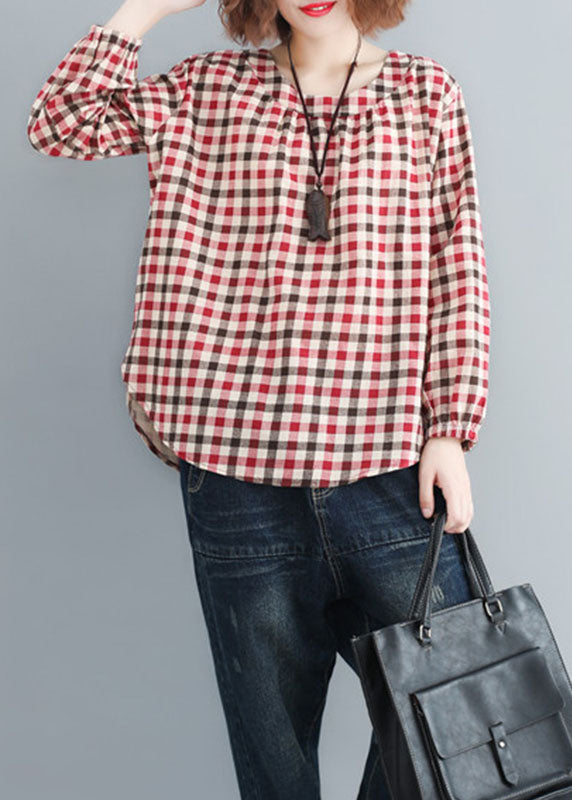 Red O-neck Plaid Cotton Loose Tops Spring