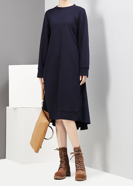 Italian Dark Blue O-neck Low High Design Cinched Vacation Dresses Spring