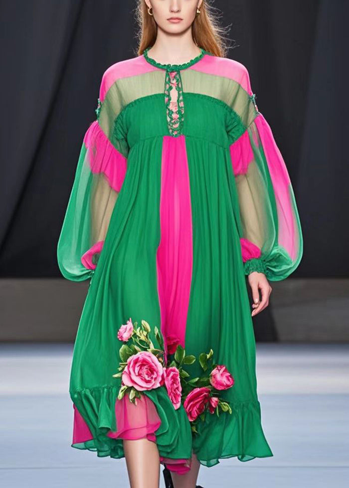 Classy Colorblock Oversized Patchwork Flower Chiffon Dress Spring