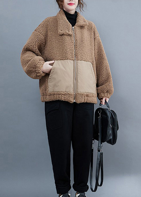 Coffee Zippered Pockets Patchwork Faux Fur Jacket Winter