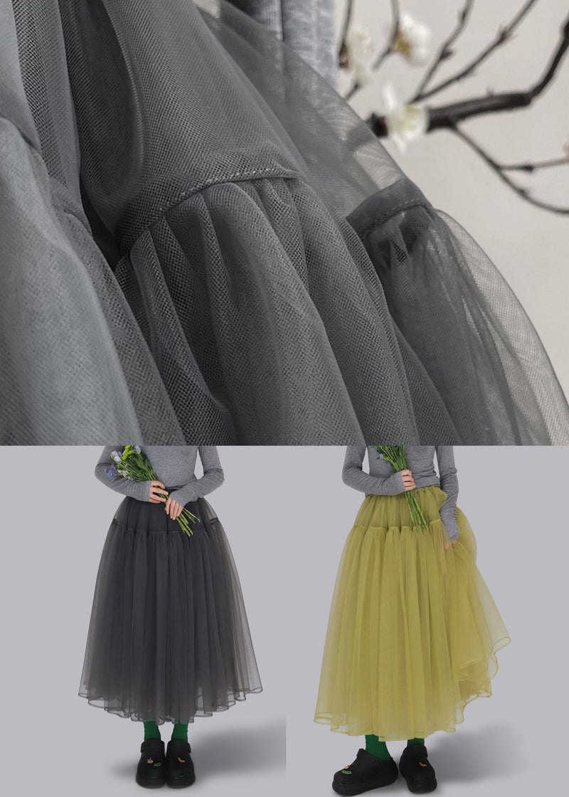 Loose Grey Wrinkled Elastic Waist Tulle Skirt Fall