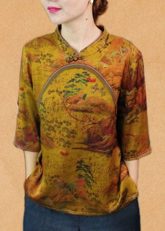 Diy Yellow Stand Collar Print Patchwork Silk Shirt Top Spring