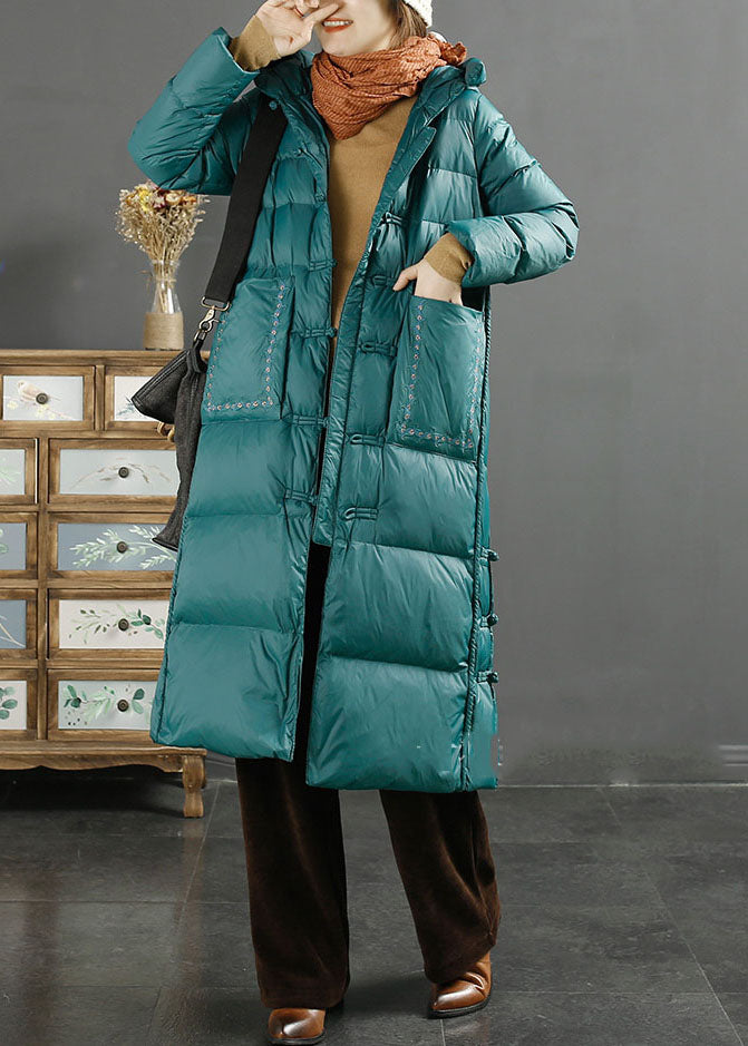 Fine Red Embroideried Side Open Button Duck Down Hooded Down Coat Long Sleeve