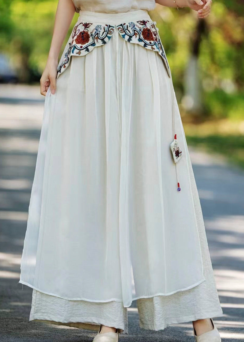 Khaki Pockets Embroidered Patchwork Silk Pants Fall