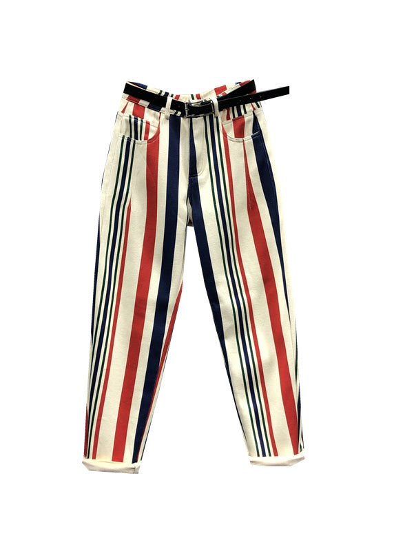 Striped Pockets Patchwork High Waist Denim Pants Fall