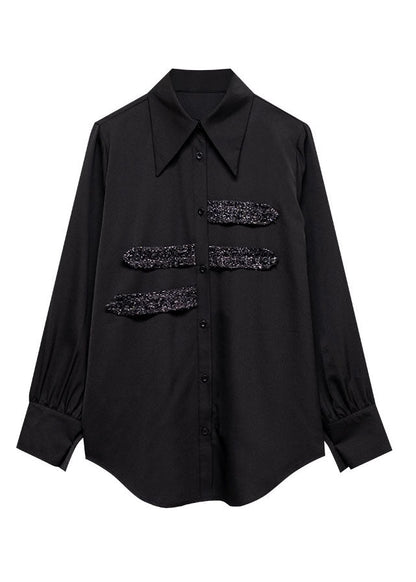 Black Peter Pan Collar Button Sequins Cotton Shirt Tops Long Sleeve