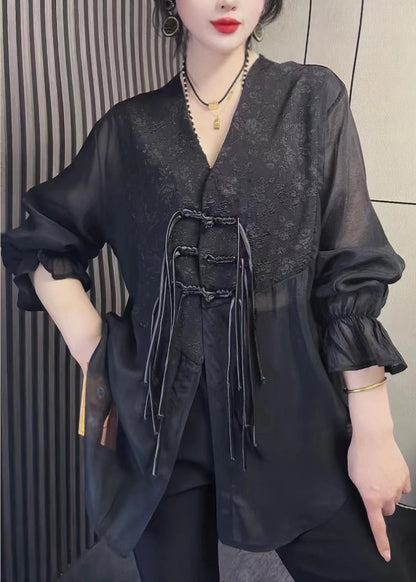 Black Tasseled Chinese Button Patchwork Chiffon Shirt Tops Fall