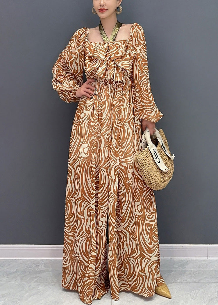 Stylish Orange Square Collar Print Chiffon Jumpsuit Fall