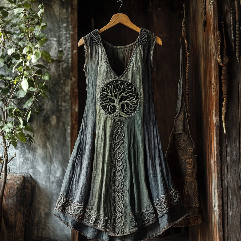 Tribal Viking Colorful Gradient Tree Of Life Lace Art Linen Tank Dress artswardrobe