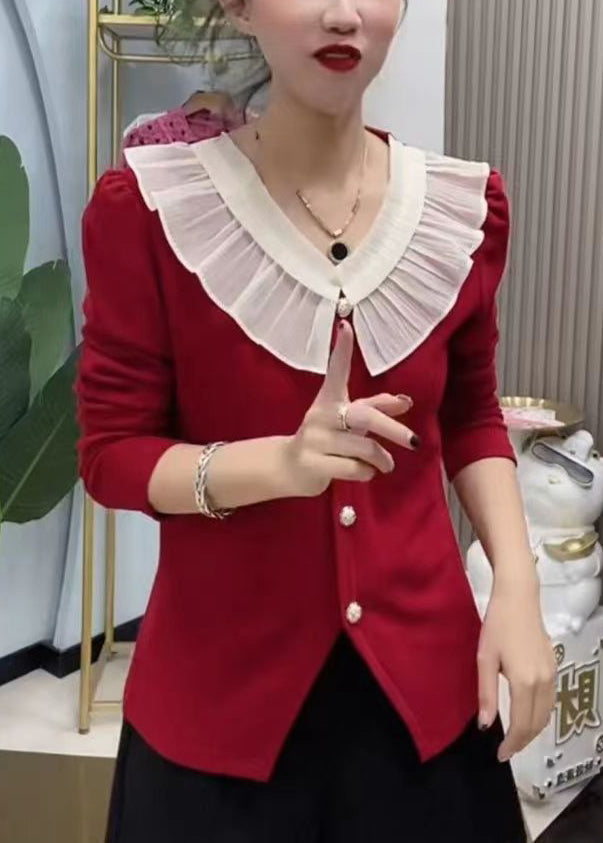 Red Ruffled Button Knit Tops Long Sleeve