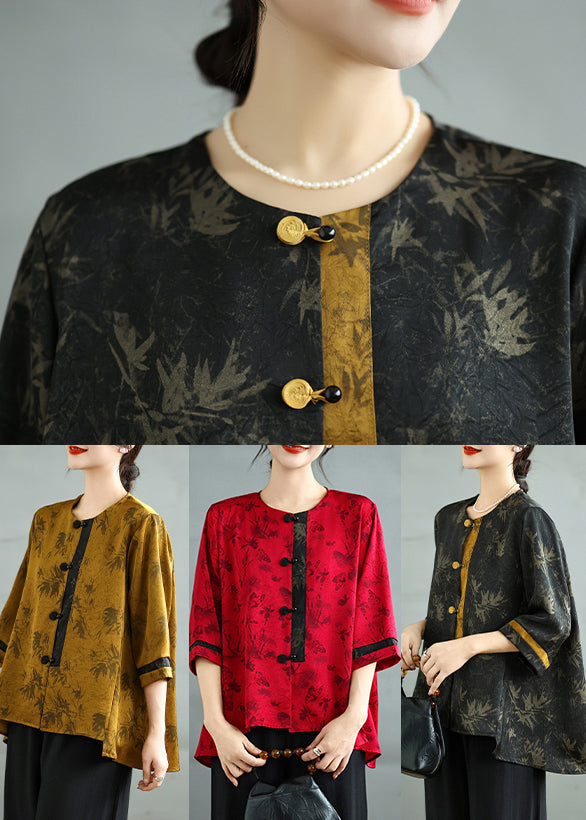 Red Oversized Print Silk Oriental Tops Summer