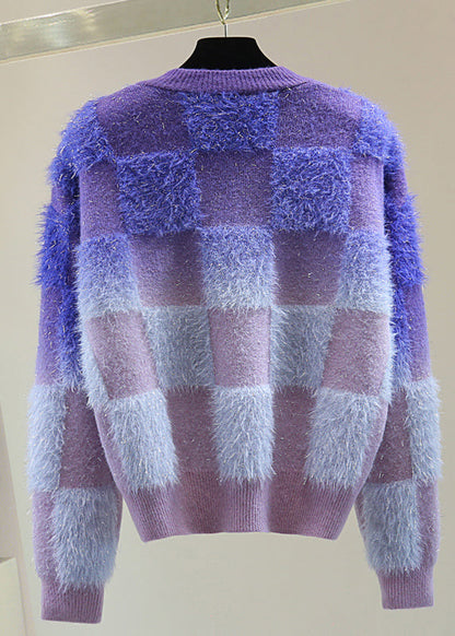 Gradient Color Blue O-neck Zircon Ma Hai Mao Cotton Knit Sweater Tops Winter