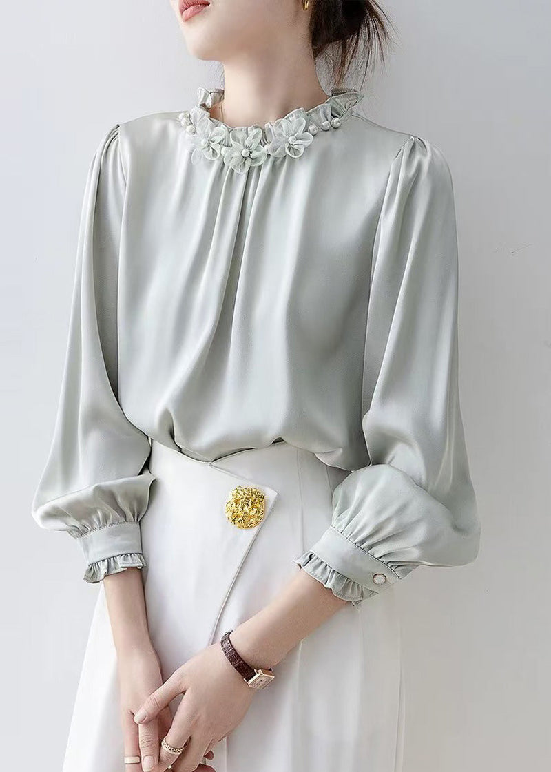 Unique Light Blue Ruffled Chiffon Shirts Spring