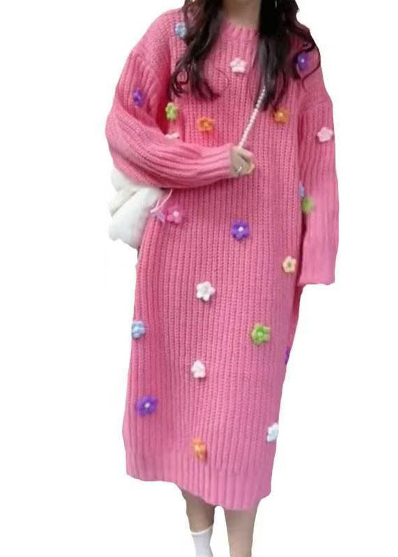 Stylish Pink O Neck Long Knit Dress Winter