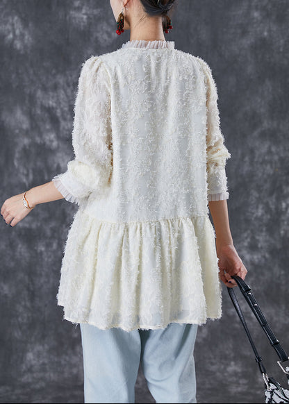 Beige Silm Fit Patchwork Lace Cotton Blouses Fall