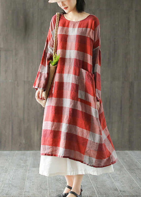 French Red O-neck Pockets Linen Fall Robe Dresses