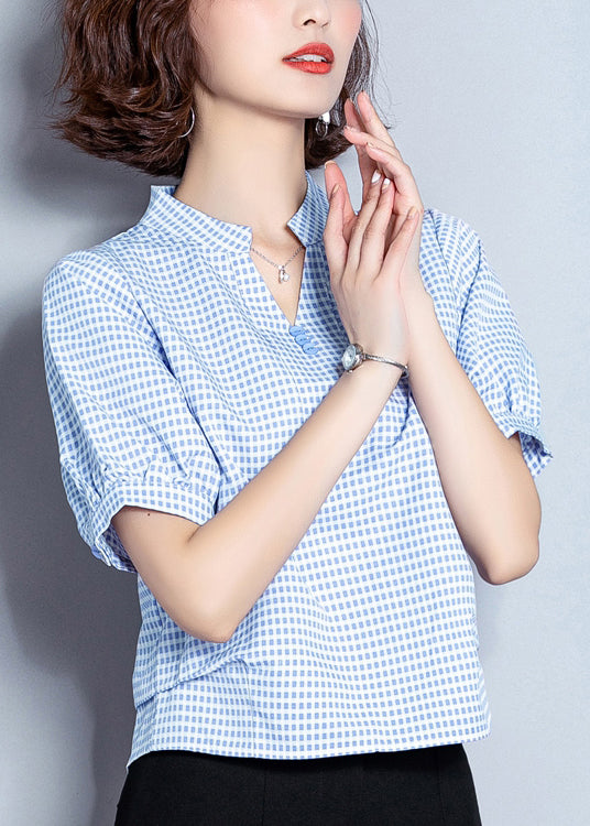 Light Blue Plaid Button Chiffon Shirt Top Summer