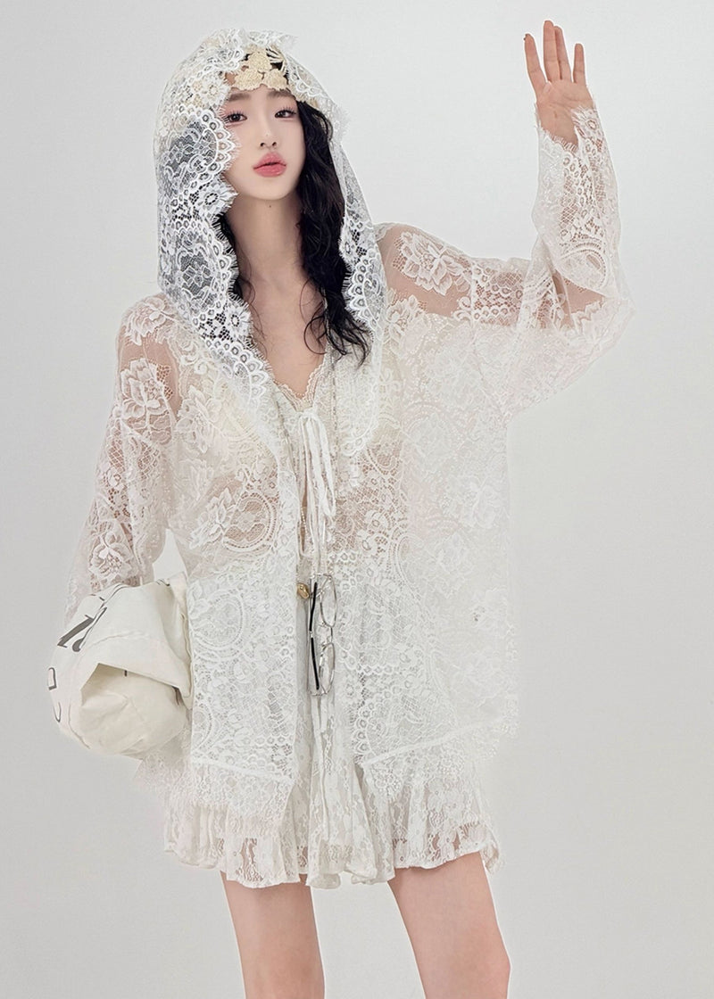 White Oversized Hollow Out Lace Upf 50+ Cardigan Spring