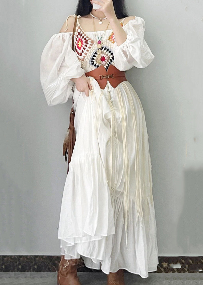 French Square Neck Bubble Sleeve White Vacation Dress Fall