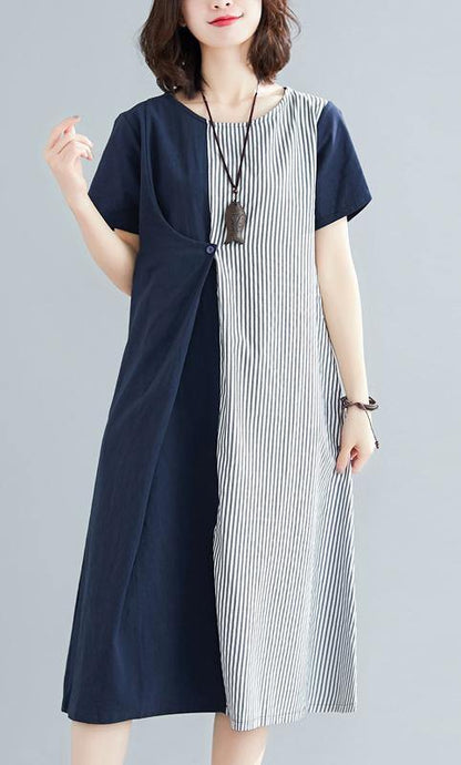 Classy Blue Cotton Patchwork Summer Dress