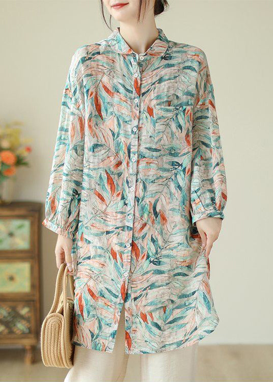 Peter Pan Collar Print Button Cotton Blouses Long Sleeve