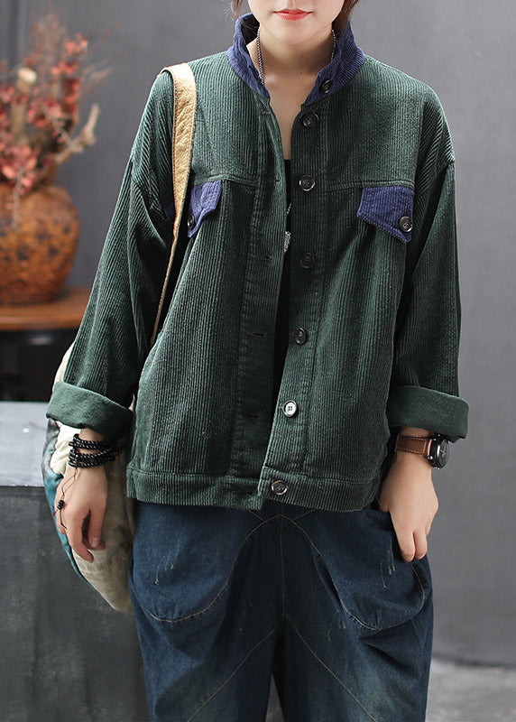 Green Stand Collar Button Corduroy Coats Spring