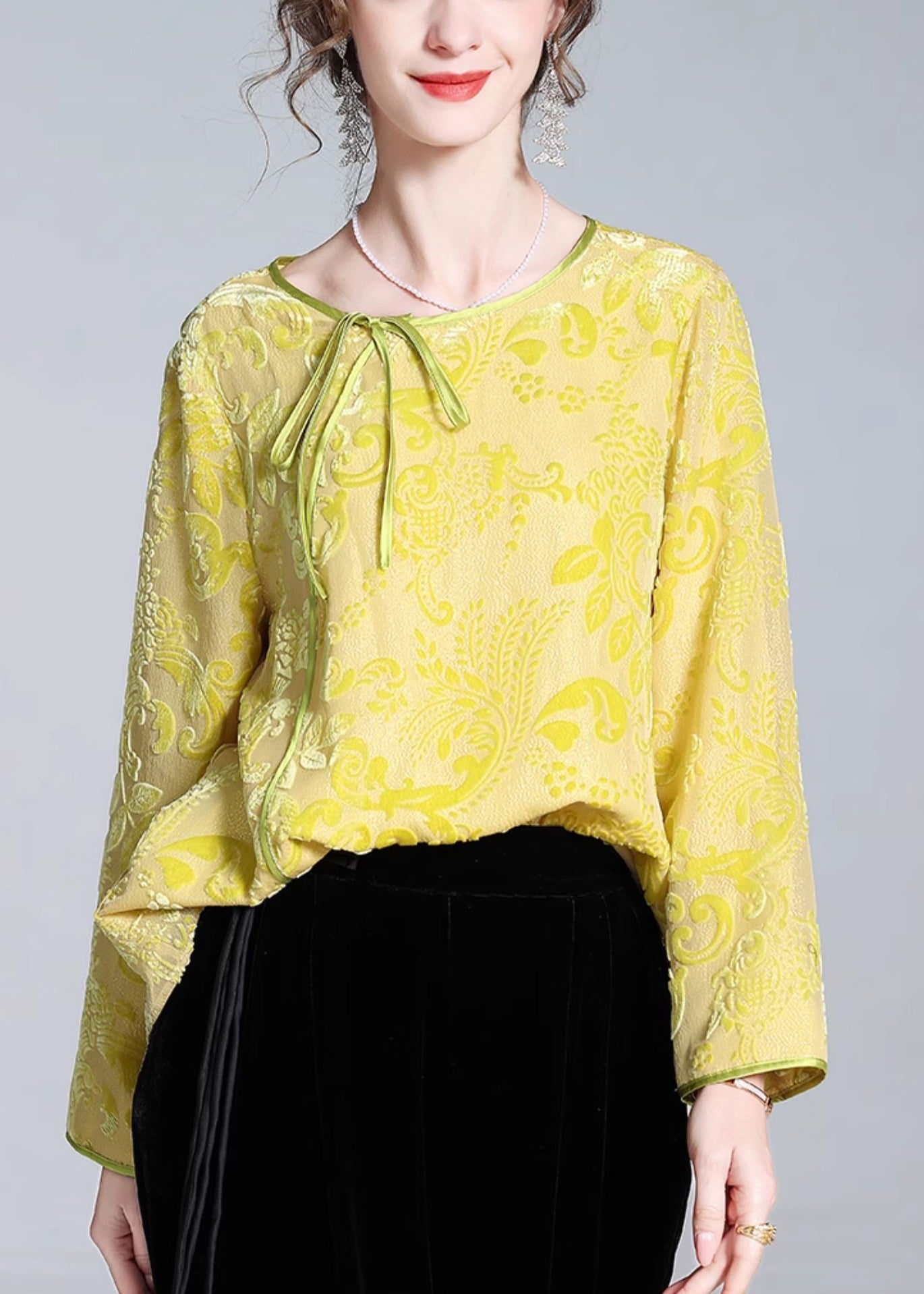Yellow O-neck Lace Up Silk Velour Tops Fall