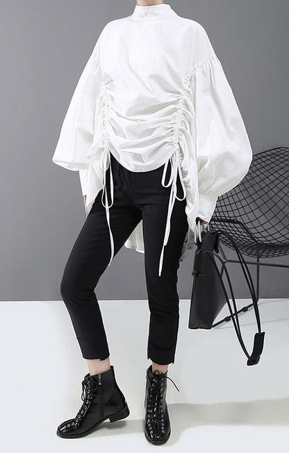 Lantern Sleeve Woman Style Black White Hipster Blouse Shirt