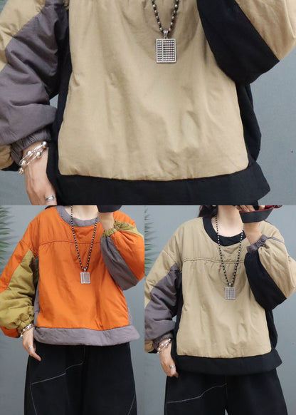 Khaki O-neck Lantern Sleeve Fine Cotton Filled Sweatshirt Street Wear