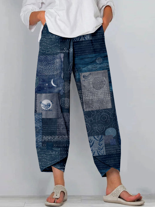 Comstylish Japanese Sashiko Patchwork Patterns Cropped Casual Pants