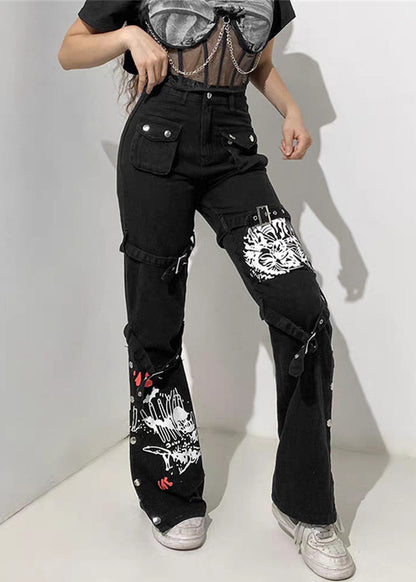 Unique Black Button Print Pockets Denim Pants Summer