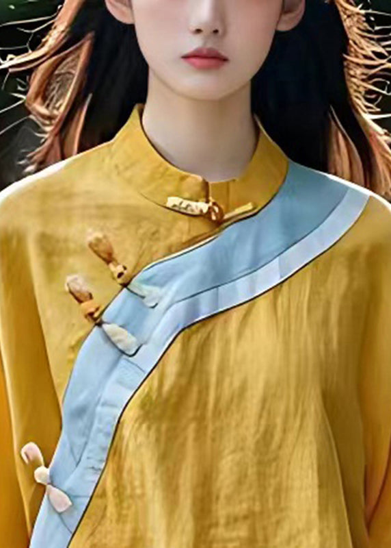 Yellow Asymmetrical Patchwork Linen Oriental Top Summer