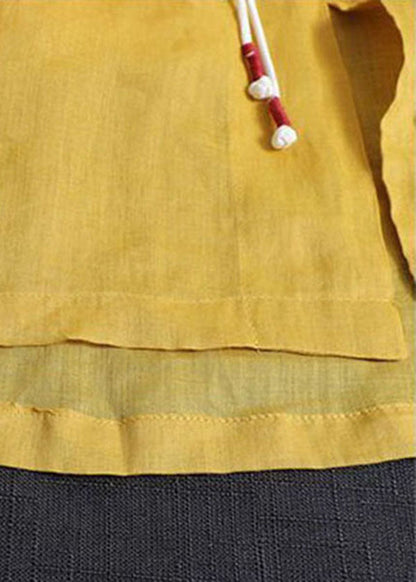 Yellow V Neck Embroideried Cotton Linen Blouse Tops Bracelet Sleeve