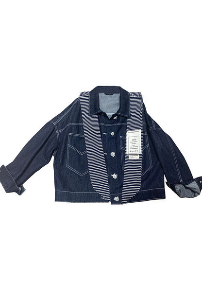 Navy Pockets Button Patchwork Fall Long Sleeve Denim Coat