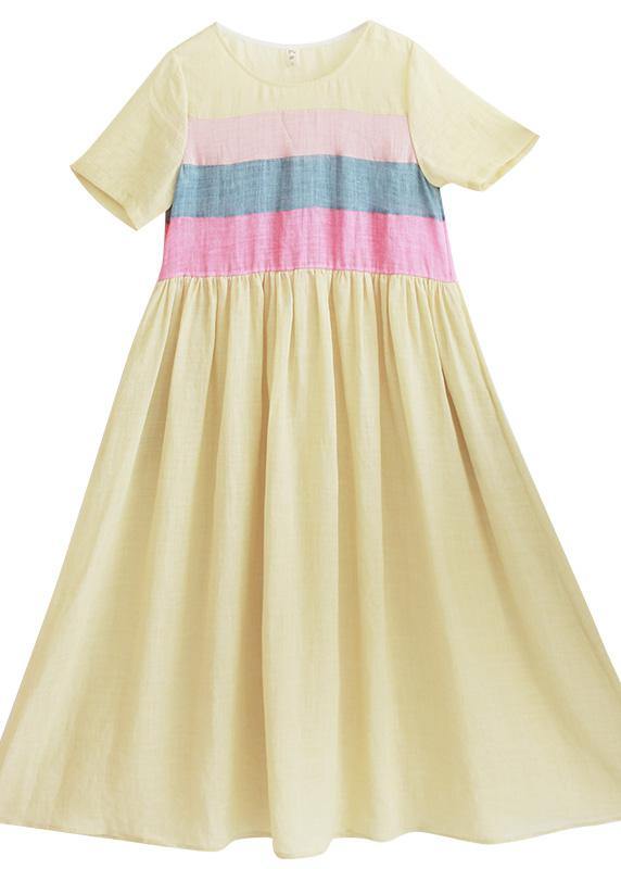 Yellow Tunic Dress O Neck Patchwork Traveling Summer Dresses