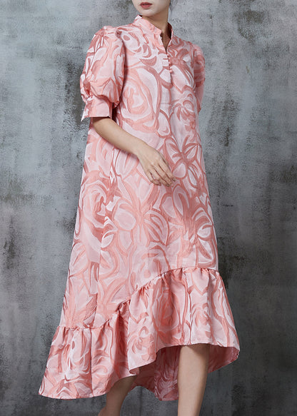 Pink Stand Collar Jacquard Silk Robe Dresses Summer
