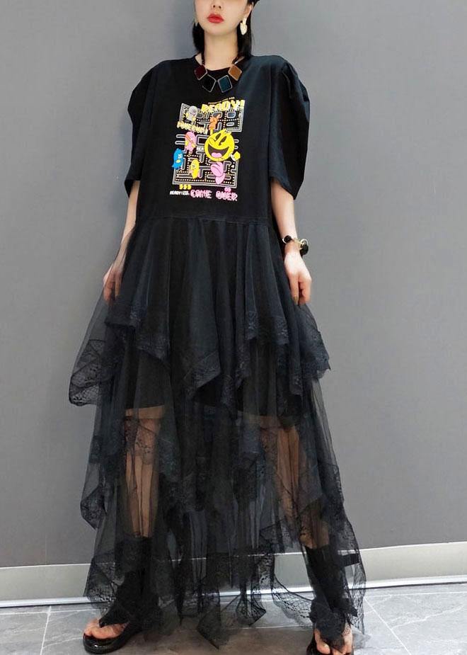 Black O-neck Print Half Sleeve Fall Dresses