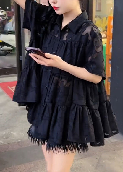 Black Embroidered Tulle Patchwork Wrinkled Shirt Summer